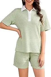 [Moreone] Womens Pajamas 2 Piece Lounge Sets Striped Matching Set Outfits Short Sleeve Tops Shorts with Pockets