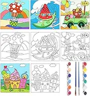 4 Pcs Kids Pre Drawn Canvas to Paint, 8 x 8 Inch Canvas Painting Kits with 12 Acrylic Paint Sets and 2 Brushes, Pre Sketched Canvas Set for Painting for Girls Boys Beginner Artists (Vacation)
