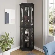 BELLEZE Lighted 3-Side Glass Display Curio Cabinet w/Tempered Glass Doors & Shelves, Accent Wooden Corner Cabinet with Bulb, Corner Storage Decoration Rack for Living Room & Bed-Room Corona (Black)
