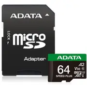 ADATA Speed Plus microSDXC Card with Adapter - 64GB UHS-I - U3 - A2 - V30 , Read up to 160MB/s, Write up to 140MB/s [UD64GUI3V30A2SP-RA1]