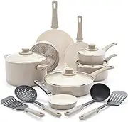 GreenLife Soft Grip Healthy Ceramic Nonstick 16 Piece Kitchen Cookware Pots and Frying Sauce Pans Set, PFAS-Free, Dishwasher Safe, Taupe