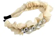 Cream Shimmer Fabric Ruched Design Headband Fascinator Diamantes on one side