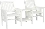 [HORTIKRAFT] Wooden Outdoor Loveseats and Table Set - Fir Wood Twin Seats and Integrated Table Patio Conversation Set with 2-Seater Armchairs and Coffee Table Durable Garden Bench Furniture - White