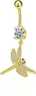 [Niaspi] 14G Rhinestone Dragonfly Dangle Belly Button Rings for Women Surgical Stainless Steel Cubic Zirconia Belly Navel Barbell Ring Body Piercing Jewelry