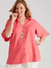 Autograph Top Plus Size 26 Button Up Shirt Blouse Short Sleeve Linen Collar NEW