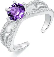 [Gnteey] Amethyst Open Ring in 925 Sterling Silver with Natural Amethyst Center and Carved Horse Accents for Women, Metal, Amethyst