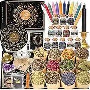Witchcraft Spell Kit 60PCS, Wiccan Supplies and Tools - Herb Crystal Candle Amethyst Altar Bowl Witch Bell - Wiccan Starter Kit Pagan Decor