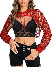 [ZNVGIRL] Women Mesh Crop Top Hoodie Fishnet See Through Long Sleeve Shirt Sheer Blouse for Club Party