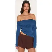 Petrol Blue Contour Jersey Fold Over Detail Bardot Long Sleeve Top, Petrol Blue.