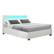 Artiss Bed Frame Queen Size LED Gas Lift White COL