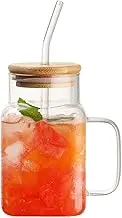 18.6oz Clear Square Glass Cups with Bamboo Lids and Straws, Iced Coffee Mug, Travel Drinking Glasses Tumbler with Handle for Iced Coffee, Smoothie (Clear)