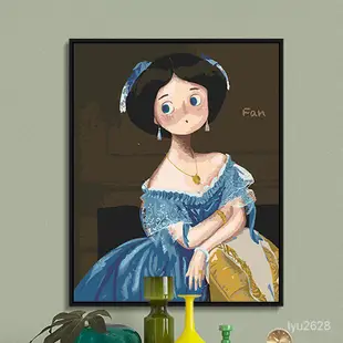 北歐創意名畫Q版蒙娜麗莎帶珍珠耳環的少女手繪diy數字油畫裝飾畫