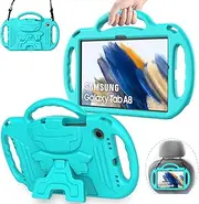 AVAWO Kids Case for Samsung Galaxy Tab A8 10.5 Inch 2022, Turquoise with Strap, Light Weight Shock Proof Handle Stand
