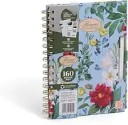 Pigna, A5 Nature Flowers Spiral Bound Notebook with Stickers, Inner Pocket and Pen Holder, Hard Cover, 16 x 21.3 cm, Inside 1R, 80 g/m² Recycled Paper, Light Blue Background, Pack of 1