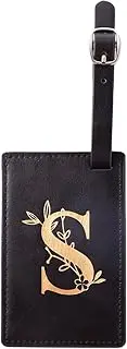 [Ouksma] Personalized Luggage Tag Initial Luggage Tag Pu Leather for Suitcase Bag Tag for Baggage Luggage Tag with Full Privacy Cover ID Label (Black/Gold, S)
