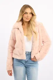 Pink Faux Fur Jacket With Lapel Collar - Size 6XXS, Women's Faux Fur Jacket
