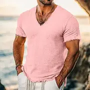 Men's Tee Top Linen T-Shirt Short Sleeves V Neck Summer Plain Fashion Designer Basic Soft Vacation Street Casual Daily White Pink Burgundy Top Tee for Men