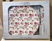 Formalities: Baum Bros Cake Plate & Server Gold Trim Pink & Red Roses 10.5" NEW
