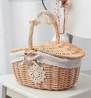 Wicker Basket Storage Baskets Camping Picnic Basket,Handmade Wicker Picnic Basket Hamper With Lid And Handle & Liners For Family Parties And BBQs Camping Outdoor(White,Small)
