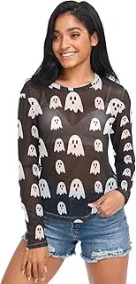 [RPLIFE] Playful White Ghosts Black Mesh Top Long Sleeve, See Through Tops for Women Sexy S-XXL