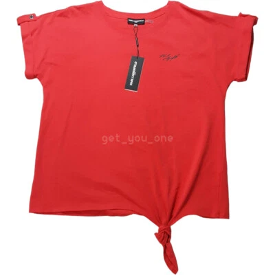 NWT Karl Lagerfeld Paris Women's Top Signature Logo Tie Front Shirt Red Large