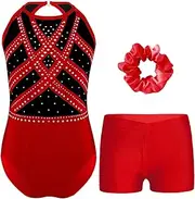 [FEESHOW] Girls Sparkle Gymnastics Leotard with Shorts and Headwear Set Ballet Dance Unitard Athletic Outfits