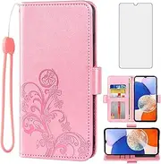 [Asuwish] Compatible with Samsung Galaxy A23 5G/4G Wallet Case and Tempered Glass Screen Protector Flip Purse Wrist Strap Credit Card Holder Stand Cell Phone Cover for A 23 23A 6.6 Women Men Rose Gold