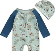 [Xiaodriceee] Toddler Baby Boy Swimsuit Rash Guard Fish Golf Pattern Snap Button Long Sleeve Swimwear with Swim Cap, A-green, 6-12 Months