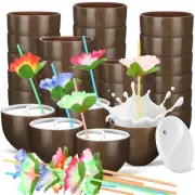 30 Set Coconut Cups with Flower Straws Tropical Cups for Party Coconut Drinki...