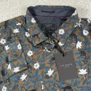 NEW TED BAKER Shirt Mens Size 7 Floral Monkeys Cotton Button Long Sleeve