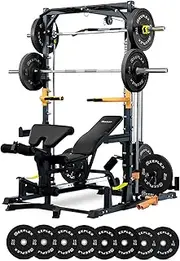 Reeplex RM90 Squat Rack + Smith Machine, LAT Pulldown, Adjustable Bench & 100kg Bumper Weights.