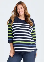 [Virtuelle] Taking Shape Cotton Mix Stripe Top Size 22 in Navy / Kiwi Green - Plus Size Women's Clothing Navy / Kiwi Green