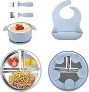 Stainless Steel Baby Plates with Suction | Baby Feeding Divided Plate Toddler Bowl with Fork Spoon Bib | Microwave-Safe Led Weaning Supplies Tableware for High Chair Travel Outdoor Indoor Table
