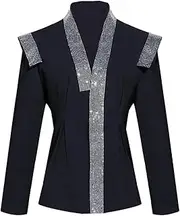 [Bciopll] Women Solid Patchwork Rhinestones Blazer Casual V Neck Long Sleeve Loose Fit Suit Jacket