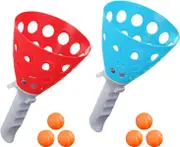 Pop and Catch Game - Catch Ball Game Set - Wear-Resistant Beach Game with Launch Button, 2 Catch Baskets and 6 Balls for Hand-Eye Coordination