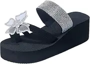 [JSMY] Women's Butterfly Platform Flip Flops 2021 Fashion Rhinestone Bohemian Thong Wedge Sandals Summer Beach Open Toe Platform Sandals Comfy Slip on Slides Slippers,White,US5/EU36