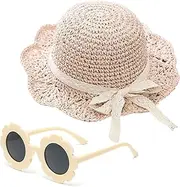 [Peninpha] Girls Straw Hat with Flower Round Sunglasses, Summer Foldable Large Brim Sunflower Bowknot Beach Toddler Straw Sun Hat, 2-6T