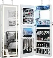 Giantex 108 cm Jewelry Mirror Cabinet, Lockable Jewelry Door & Wall Cabinet with 3-Color LED Lights, Interior Mirror, Ample Space, Magnetic Catch, Full-Length Mirror with Jewelry Storage