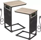 2PCS C Shape End Table w/Charging Station, Side Table for Couch with Side Pocket
