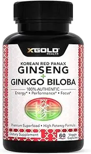 Korean Red Panax Ginseng 1200mg + Ginkgo Biloba - Extra Strength Root Extract Powder Supplement w/High Ginsenosides Vegan Capsules for Energy, Performance & Focus Pills for Men & Women