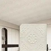 RomDeco Peel and Stick Ceiling Tiles, Waterproof, 16 Pack, 13.8 Inches Square, White, Foam, Art Deco, Textured, 3D, Retro Pattern