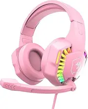 Gaming Headset with Noise Canceling Mic,Bass Surround,Soft Memory Earmuffs,Rainbow LED Backlit for PC,PS4,Xbox One Controller(Pink)