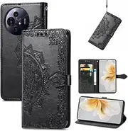 Magnetic Flip Cover Card Slots Stand Holder Phone Case Compatible with TCL 50 Pro NxtPaper TCL50 5G Fashion Mandala Embossed Multifunction Phone Shell (Black,TCL 50 Pro NxtPaper)