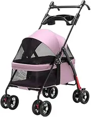Dog Pram Stroller Pet Pushchair Cat Travel Carriage Foldable Cart Carrier, Pet Cat Dog Stroller with Cup Holder Tray, Pet Dog Strollers for Small Dogs, Adjustable Handle(Pink)