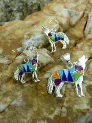 Wolf Dog Coyote Sterling Silver Multi Gemstone 3 pc Set Earrings and Pendant W3