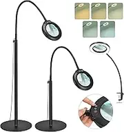 Drdefi 10X Magnifying Floor Lamp with Light, 24" Flexible Gooseneck Standing Magnifying Glass, 3-in-1 LED 5 Color Modes Stepless Dimmable Lighted Magnifier Lamp Hands-Free for Close Work, Reading