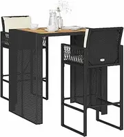 3 Piece Garden Bar Set with Cushions Black Poly Rattan Acacia, Furniture Sets, Patio Furniture