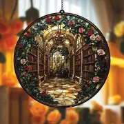 Library and Flower Acrylic Suncatcher, Librarian Bookshelf Window Decoration