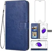 Compatible with iPhone 7/8/SE 2020/2022 Wallet Case Tempered Glass Screen Protector Leather Flip Card Holder Phone Cover for iPhone7 iPhone8 7s 8s i SE2020 SE2022 2/2nd/3/3rd Generation SE2 SE3 Blue