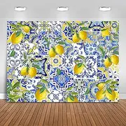 Fitumiw Blue Tiles Lemon Backdrop 10x7ft Summer Fruit Baby Shower Birthday Background Party Decorations Lemon Wall Paper Dessert Table Banner Photo Booth Props